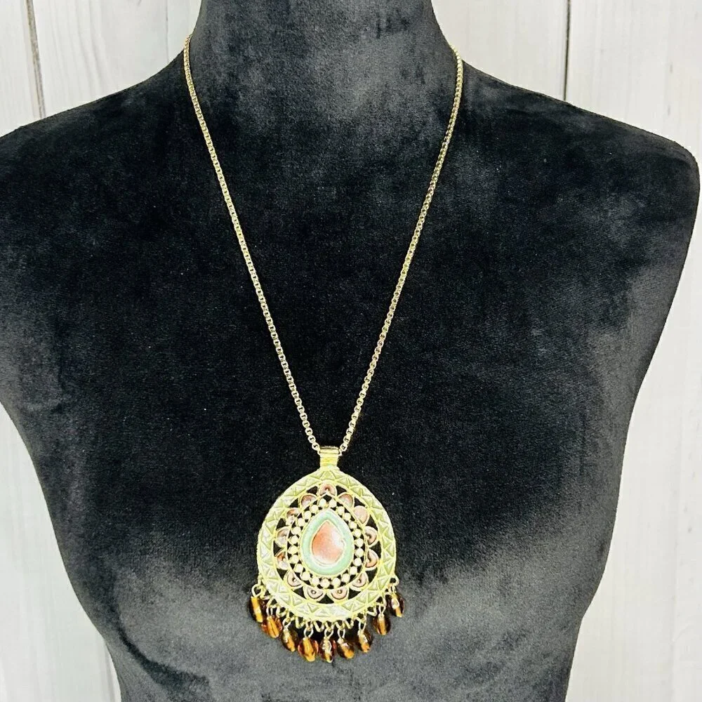 Vintage Gold Tone Pendant Statement Necklace Turquoise Amber Dangles 28